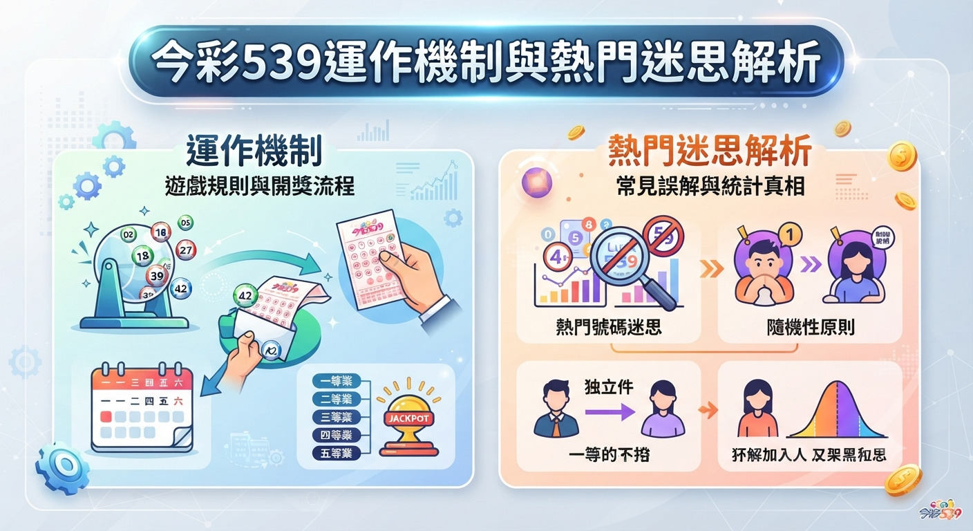 圖片展示了「今彩539運作機制與熱門迷思解析」的主題，左右兩側分別以圖解方式說明遊戲規則與統計真相。 整體設計清晰呈現了彩券開獎流程與常見迷思的對比。