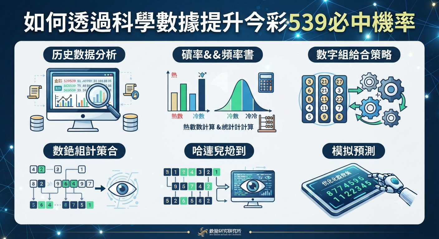 這張圖片以「如何透過科學數據提升今彩539必中機率」為主題，透過圖表與數據分析的概念展示了數字組合與模擬預測的策略。 畫面採用科技感十足的藍色調背景，並結合了多種圖標來呈現歷史數據分析與機率計算的過程。
